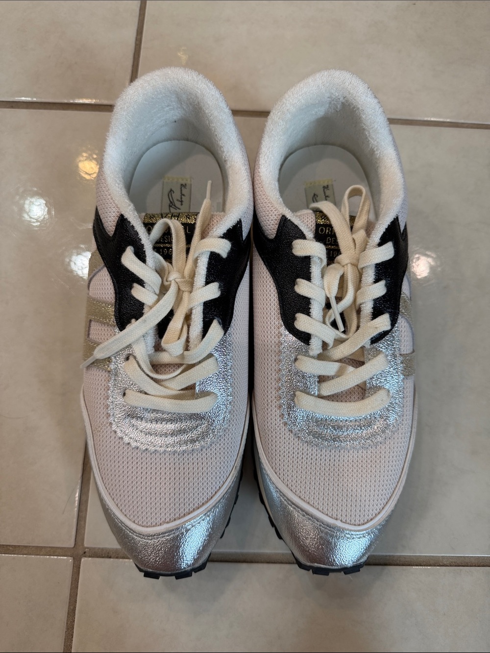 Vintage Havana White and Silver Women's Sneakers with Black Accents
